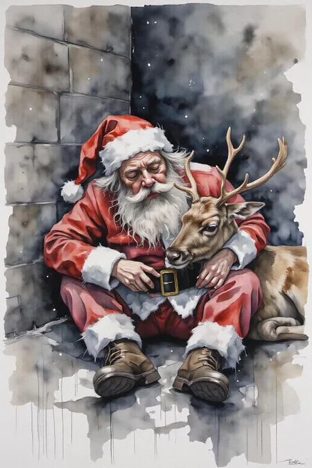 yawc1 watercolor.
Homeless Drunk Santa Claus sleeping rough on the street with Rudolph the red-nosed reindeer <lora:yawcolor_nocap_d4a2:1.0> <lora:schnell_v1.0:1.0><lora:798380196647570179:0>