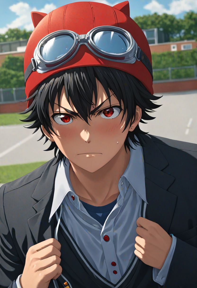 (4k), extremely detailed, hyper detailed, high resolution, professional photography, best quality, candid photo, 1boy, solo, male focus, easynegative, Yuusuke Fujisaki, Red Hat, Black Hair, school uniform, looking at viewer, candid photo, goggles, angry