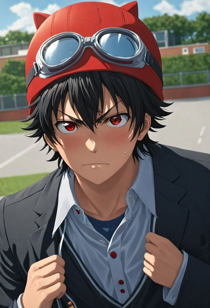 (4k), extremely detailed, hyper detailed, high resolution, professional photography, best quality, candid photo, 1boy, solo, male focus, easynegative, Yuusuke Fujisaki, Red Hat, Black Hair, school uniform, looking at viewer, candid photo, goggles, angry