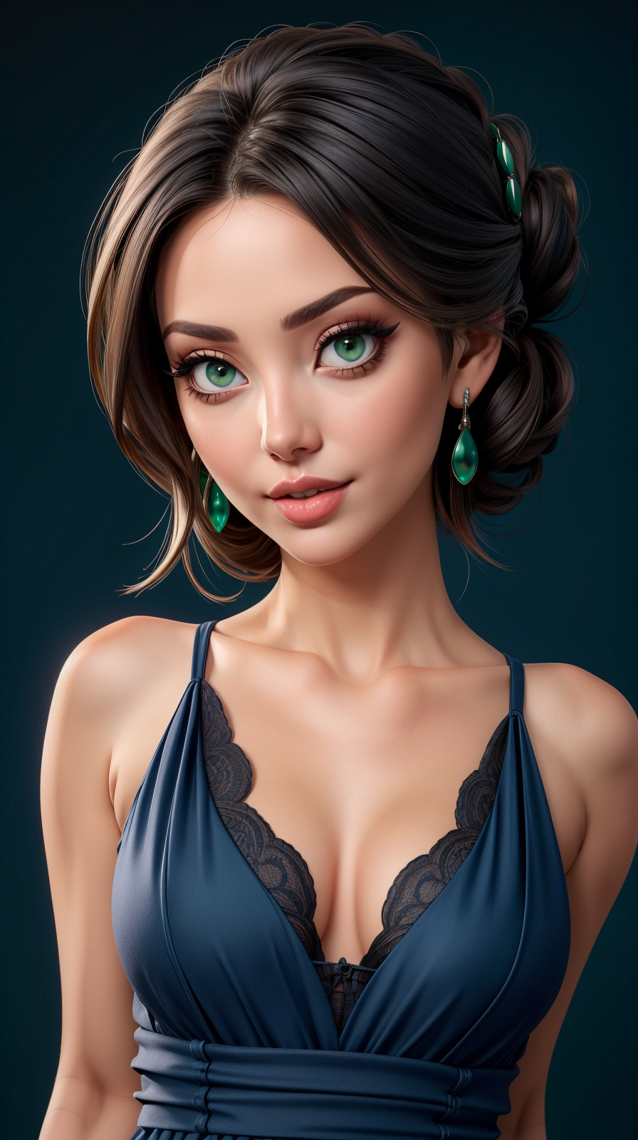 <lora:Adeline_Dupont:1> black updo hair, green eyes, mature, full lips, solo, upper body, looking at viewer, elegant dress, blue background, simple background, <lora:LORA-XenoDetailer-v2:1>