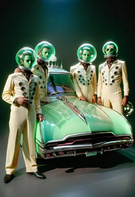 An incredible award winning experimental cinematic still, Three brave men with bell jars for gigantic heads, they have huge freakish eyes, wearing delightful stylish jumpsuits by Gucci, posing in front of a stylish futuristic lowrider hoover car with etched uranium glass windows, 1970s science fiction, dramatic cinematic moody lighting, full soft offset printing, psychedelic trip, cursed image, masterpiece, museum quality, Robert Rauschenberg rococo Style, RococoPunkAI
