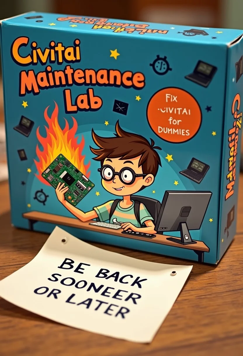 "Civitai Maintenance Lab"
The box features a nerd kid with round glasses holding a burning motherboard, sticker says 'Fix CIVITAI for dummies" The packaging is decorated with computer symbols,  a paper notice beside the box mentions "BE BACK SOONER OR LATER"