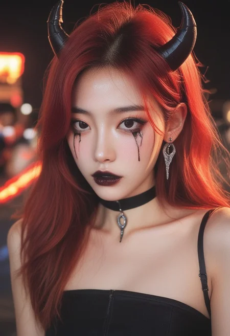 score_9, score_8_up, score_7_up, score_6_up, krgrl, korean girl, cute korean girl, photo, grainy, amateur, lowres, 2000s nostalgia, webcam photo, flash, 1girl, long red hair, horns, dark eyes, black lipstick, glossy makeup, teardrop makeup, black latex outfit, choker, large earrings, fiery background, blurry background, warm lighting, indoor, detailed