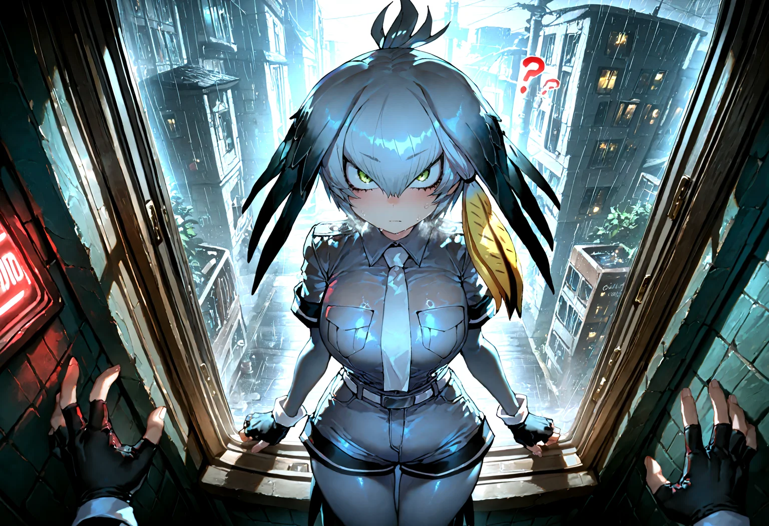 masterpiece, best quality, amazing quality, very aesthetic, absurdres, newest,
1girl, solo, indoor, window,
shoebill (kemono friends),shoebill_(kemono_friends),grey hair,sidelocks,hair between eyes,black hair,head wings,long hair, grey shirt,short sleeves,collared shirt,gloves,black gloves,fingerless gloves,shorts,white necktie,pocket,breast pocket, grey_pantyhose,pov, looking at viewer,confused ,wet body, steaming body,?,
neon lights, future, futuristic city, graffiti, (rain),backlight,
(zyugoya:0.8),quasarcake:0.7, Fishine:0.7,
masterpiece, best quality, amazing quality, very aesthetic, absurdres, newest,
<lora:shoebill_Illustrious:0.9>, <lora:cfg_scale_boost:0.7>, <lora:illustrious_noobai_epsilon_pred_11_very_aesthetic_v1:0.6>, <lora:illustrious_noobai_epsilon_pred_1_masterpieces_v1:0.6>, <lora:illustrious_noobai_epsilon_pred_1_best_quality_v1:0.6>