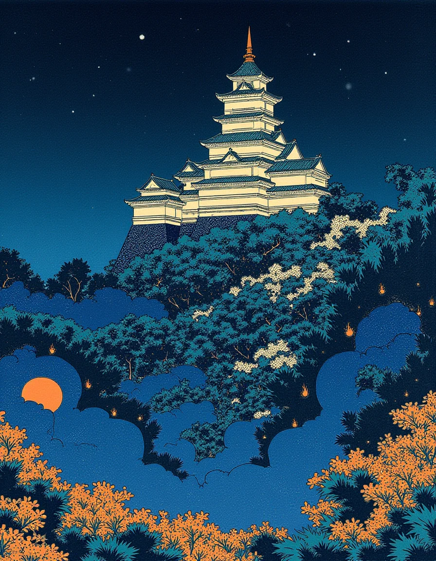 Ukiyo-e style by Hokusai, a grand castle with soaring towers hidden within an enchanted forest, teeming with bioluminescent plants and creatures, in the mystical style