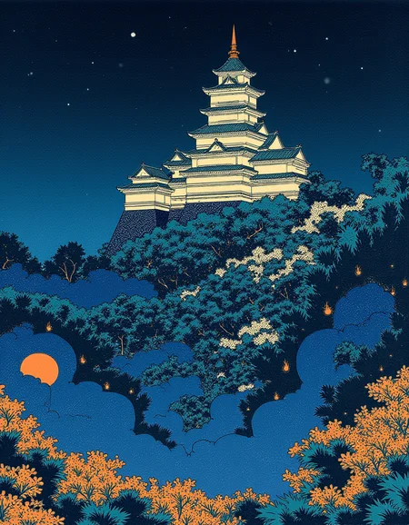 Ukiyo-e style by Hokusai, a grand castle with soaring towers hidden within an enchanted forest, teeming with bioluminescent plants and creatures, in the mystical style