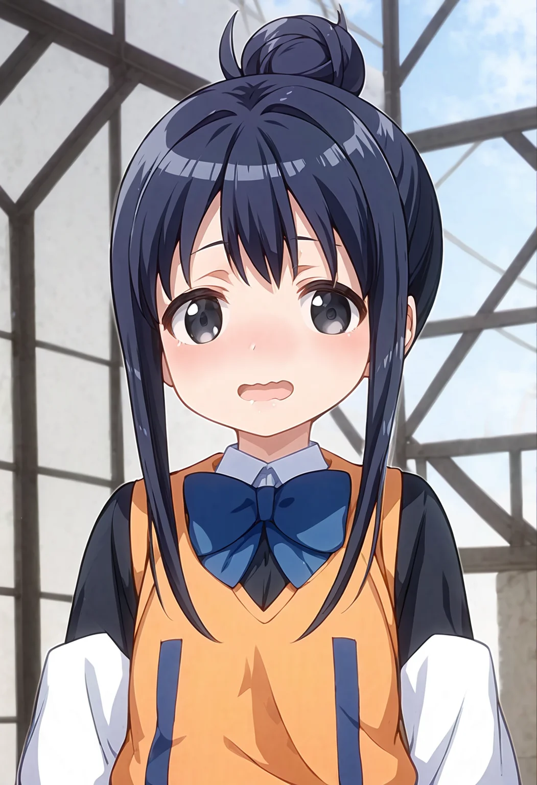 score_9, score_8_up, score_7_up, source_anime, <lora:lowres_concept_ponyXL_v1:-0.3>
BREAK,
<lora:annaka_moe_PonyXL_v1-000015:1> annaka moe, single hair bun, long hair, black hair, black eyes,
1girl, solo,
wavy mouth, opened mouth,
nose blush ,
vivid indigo black shirt, orange vest blond __bottoms__ ,
cowboy shot, looking to the side, POV, Ancient Theatre bokeh, depth of field,