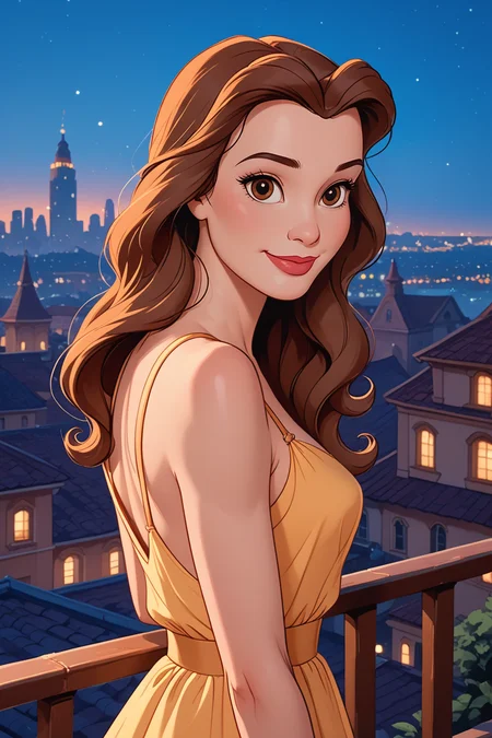 score_9, score_8_up, score_7_up,
<lora:DisneyBelle:0.8>
DisneyBelle, 1girl, brown hair, brown eyes, long hair, looking at viewer, confident smile, leaning against railing, looking back, rooftop terrace, city lights, nighttime