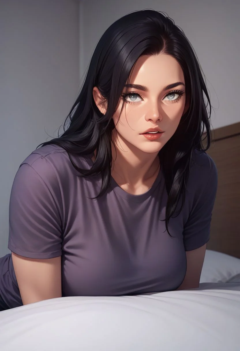 score_9, score_8_up, score_7_up, a1m333, woman, purple shirt, grey eyes , bedroom