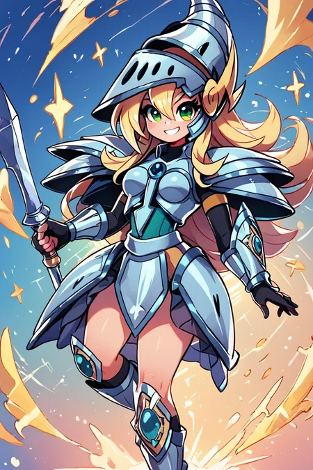 score_9, score_8_up, score_8, medium breasts, (curvy), cute, eyelashes, BREAK, , ,,, zzDMGDragonKnight, green eyes, long hair, blonde hair, hair between eyes, armor, helmet, ,<lora:DarkMagicianGirl_DragonKnight_PDXL:1.0>, ,,, , BREAK, socks, big shoes, ,,, smile, looking at viewer, cowboy shot, ,,, embedding:zPDXL, Expressiveh, ,,, <lora:CuteToonPDXL:0.8>, <lora:SDXLFaeTastic2400:0.5>, <lora:Expressive_H-000001:0.4>,