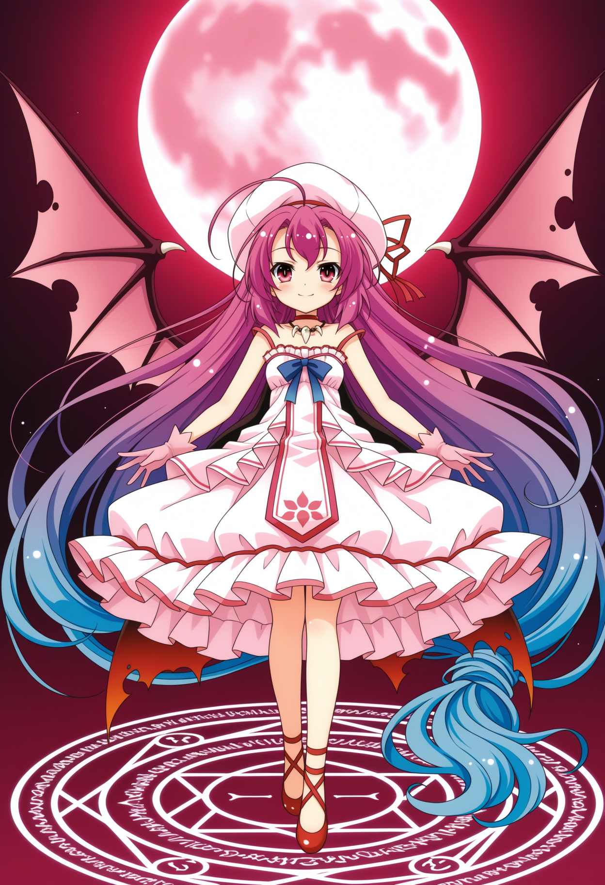1girl, full moon, bat wings, magic circle, pink gloves, blue hair, pink hair, frilled dress, absurdly long hair, blue chest bow, tabard, smile, pink eyes, pink dress, antenna hair, choker, purple hair, multicolored hair, gradient hair, beret, white frills, hair bow, torn bow, sleeveless dress, jewelry, tooth necklace, full body, 
,masterpiece,best quality,amazing quality,
<lora:NoobV065sHyperDmd:.5> <lora:saitohimea_meipaws:1>