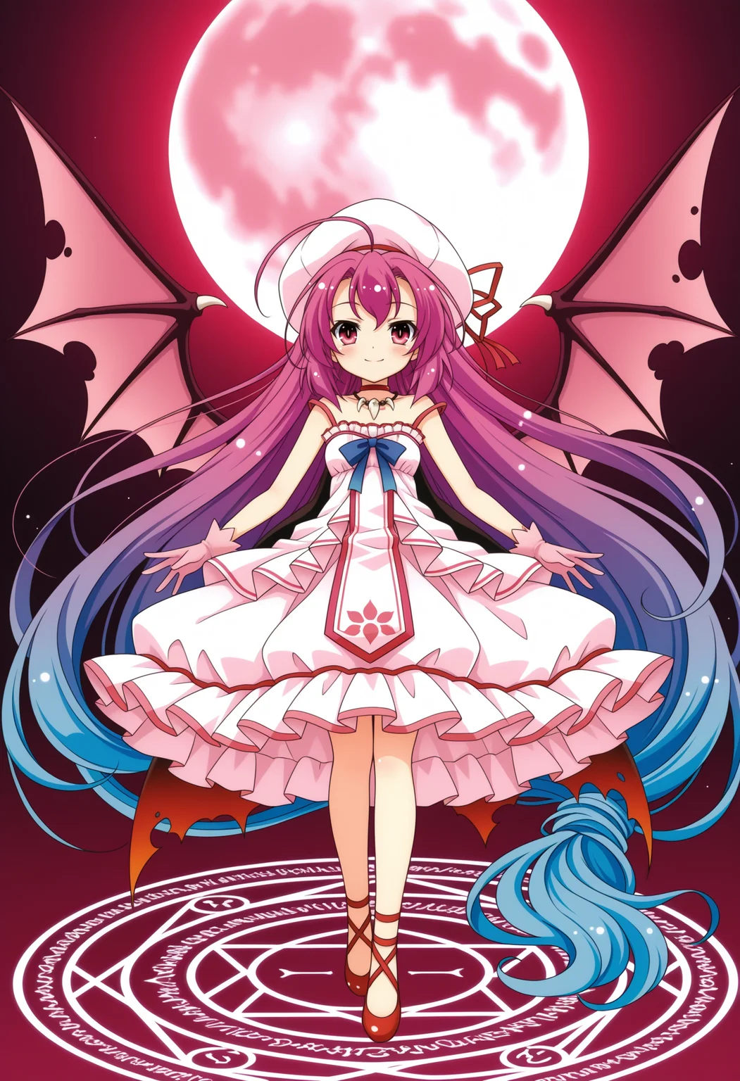 1girl, full moon, bat wings, magic circle, pink gloves, blue hair, pink hair, frilled dress, absurdly long hair, blue chest bow, tabard, smile, pink eyes, pink dress, antenna hair, choker, purple hair, multicolored hair, gradient hair, beret, white frills, hair bow, torn bow, sleeveless dress, jewelry, tooth necklace, full body, 
,masterpiece,best quality,amazing quality,
<lora:NoobV065sHyperDmd:.5> <lora:saitohimea_meipaws:1>