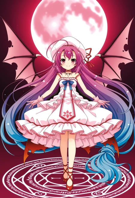 1girl, full moon, bat wings, magic circle, pink gloves, blue hair, pink hair, frilled dress, absurdly long hair, blue chest bow, tabard, smile, pink eyes, pink dress, antenna hair, choker, purple hair, multicolored hair, gradient hair, beret, white frills, hair bow, torn bow, sleeveless dress, jewelry, tooth necklace, full body,
,masterpiece,best quality,amazing quality,
<lora:NoobV065sHyperDmd:.5> <lora:saitohimea_meipaws:1>