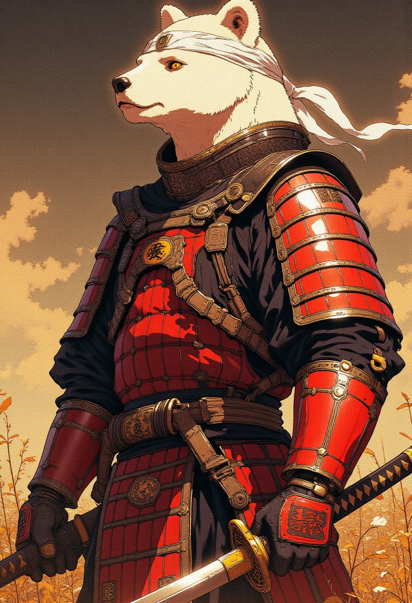 A humanoid (white bear) wearing red samurai armor. He is wearing a white headband with the Japanese rising sun on it. Holding a katana He is in a field. 
Full body
Cinematic lighting, volumetric lighting, dramatic lights, Cinematic, beautiful, vibrant, masterpiece, 32k, ultra HD, ultra-detailed, amazing quality, amazing artist, sharp edges, detailed textures, full view, atmospheric lighting, amazing visuals