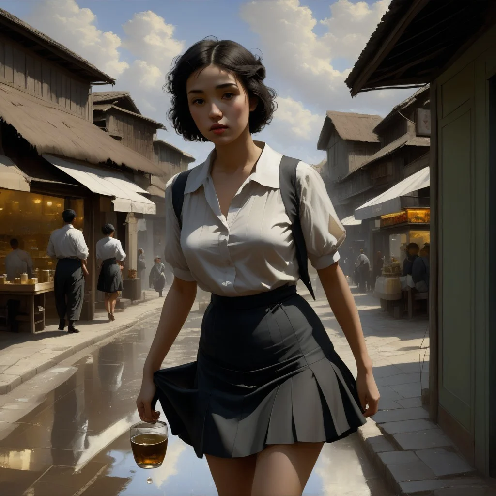 <lora:SDXL_MassiveCowsLoRA_v2E2:1> , (((classical oil painting))), ((Candid))), (((side view of short pretty Japanese girl standing provocatively outside tea-shop in crowded village))), (leaning), (faded loose summer-top), (tiny skirt), ((black fishnet tights)), ((very-short hair)), ((gelasin)), (dramatic sky), puddles, pimps, soldiers, Intricate textures, (high detailed skin:1.7),