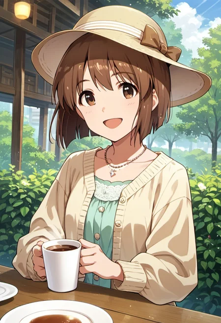score_9, score_8_up, score_7_up, source_anime, hagiwara yukiho, brown hair, short hair, brown eyes, 1girl, jewelry, solo, necklace, cup, hat, smile, open mouth, tree