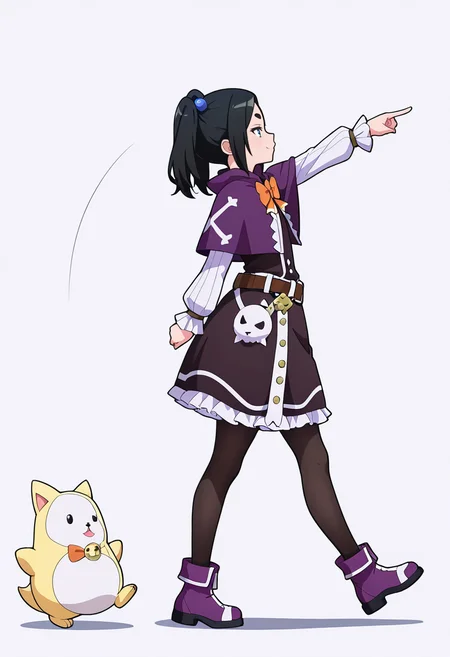 Smooth Quality,masterpiece,very intricate, high quality details, ultra realistic, high detailed skin,detailed enviorement,absurdres,
pointing at another,
<lora:Dannar_Toxico_CNR:0.7> toxico_cnr, 1girl,black hair, twintails, blue eyes, thick eyebrows,
toxico_def_cnr, frilled dress, purple capelet, skirt, long sleeves, frills, belt, black pantyhose, purple footwear,hair bobbles,orange bow, bowtie,, simple background, white background, from side,
walking, arms swinging, relaxed shoulders, looking forward, natural movement,  ,, kubrick stare,