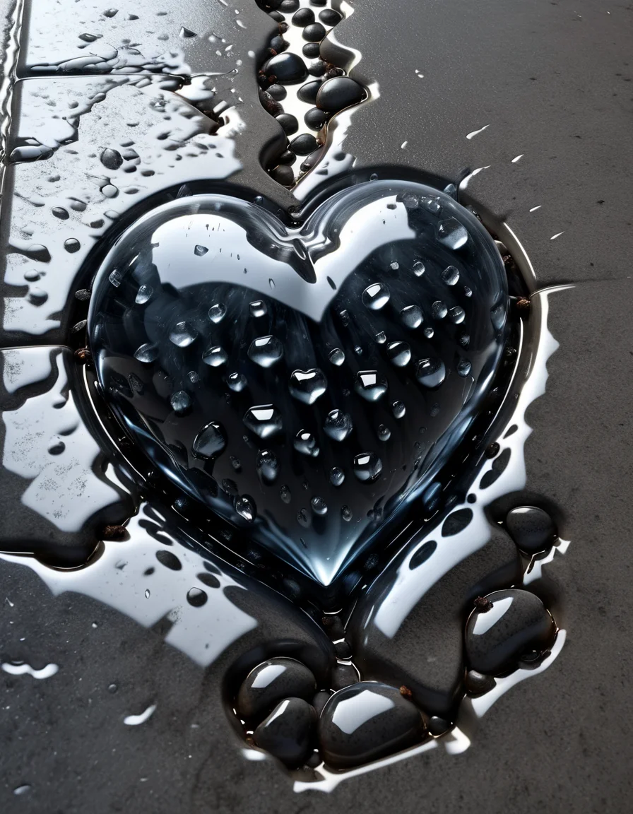 a broken heart, floating in a drain, on the sidewalk, raining, sourrounded by small insects looking the heart, made of ral-obsdn <lora:ral-obsdn:1>