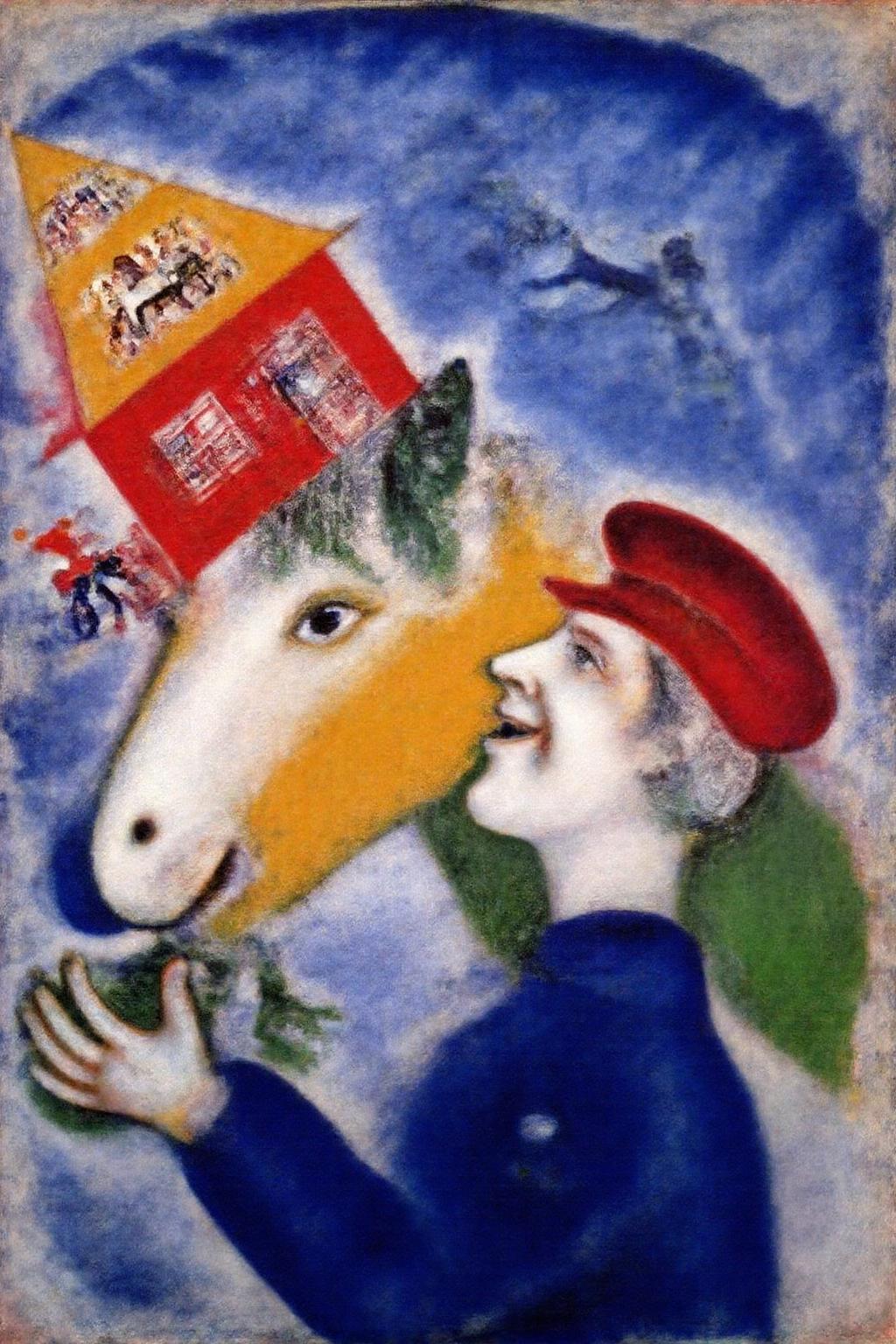 marcha9 painting 
A surreal and colorful painting. The composition features a dreamlike figure with a joyful expression wearing a red hat and blue coat, interacting with a large white horse with a gentle gaze. Above them, a vibrant red house floats at an angle, surrounded by whimsical vignettes of small figures dancing and a cart being pulled by a horse. The background is a swirling blend of blues and greens, evoking a dreamy, otherworldly atmosphere. The artwork is rich in symbolism and emotion, painted with bold, expressive brushstrokes and a whimsical use of perspective and color. <lora:marcha2_cap_d6a3e15:1.0><lora:814274002299144362:0>