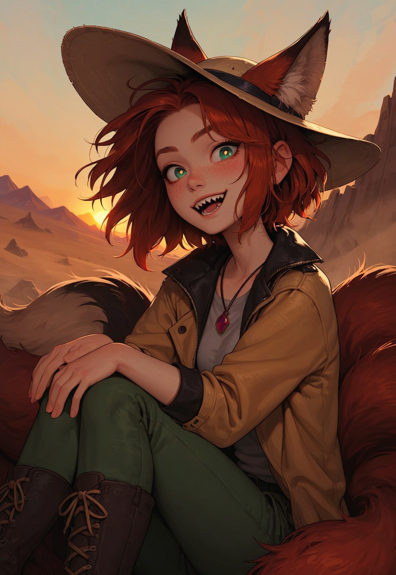 score_9_up, score_8_up, score_7_up, score_6_up, 1girl, 25 years old, perfect face, cute, petite, 
emerald eyes, bright pupils,
white skin, fox girl, fox ears, fox tail, animal ear fluff, animal ears, tail, large tail, sharp teeth, 
red hair, messy hair, 
large hat, ears through headwear, 
(freckles),
pendant, ((purple pendant)), purple necklace, 
grey shirt, leather coat, yellow jacket, 
cargo pants, 
mountainous horizon, desert, sunset, black sky 
sitting, cowboy shot, hugging own legs, knees to chest, 