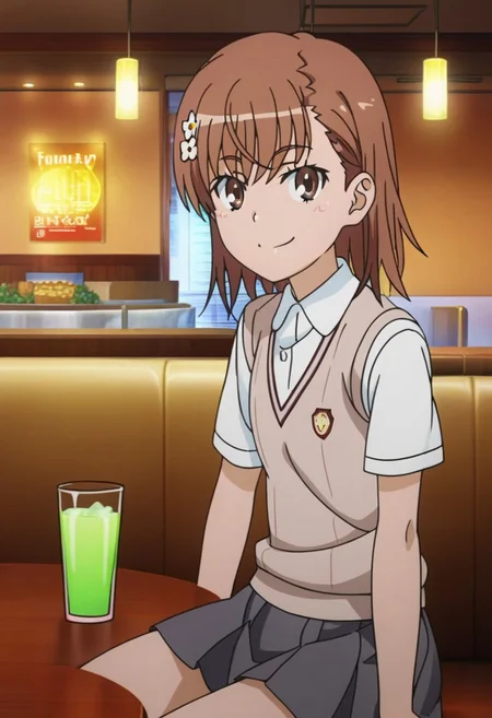 masterpiece, best quality, absurdres, highres, intricate details, very aesthetic, on-model, accurate art style, anime screencap, anime coloring, show accurate, cartoon screencap, movie accurate, official screencap, style parody, flat colors, official art, proper proportions, extremely detailed, newest, 2024, BREAK, 1girl, misaka mikoto, short hair, brown hair, hair ornament, hair flower, school uniform, tokiwadai school uniform, white shirt, brown sweater vest, short sleeves, v-neck, skirt, white socks, loafers, brown loafers, shoes, BREAK, smile, sitting, looking at viewer, BREAK, detailed background, indoors, restaurant, booth, table, cup, drinking straw, BREAK, cowboy shot, BREAK, vibrant colors, cinematic lighting, 75% soft lighting, 25% dark lighting
