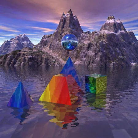 3d, reflection, water, shapes, cube, cone, sphere, mountains, rainbow shapes,
<lora:Bryce3D_Style_XL:1>