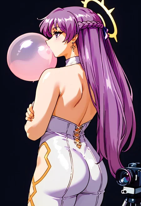 score_9, score_8_up, score_7_up, score_6, score_5, score_4, Usui, traditional media, lineart, lineart art style, dpf_yuri, very long hair, purple hair, purple eyes, platinum-gold earrings,braid,french braid, decorative patterned ribbon,  large halo, skin tight, corset in beautiful latex tricolored striped neon-turquoise and bright neon-purple, catsuit (facing away from camera:1), looking over shoulder, looking behind the camera, ultra detailed photograph, sharp focus, high resolution, beautiful detailed skin, beautiful detailed eyes, best quality, normal length arms, (blowing clear-transparent gigantic bubblegum)