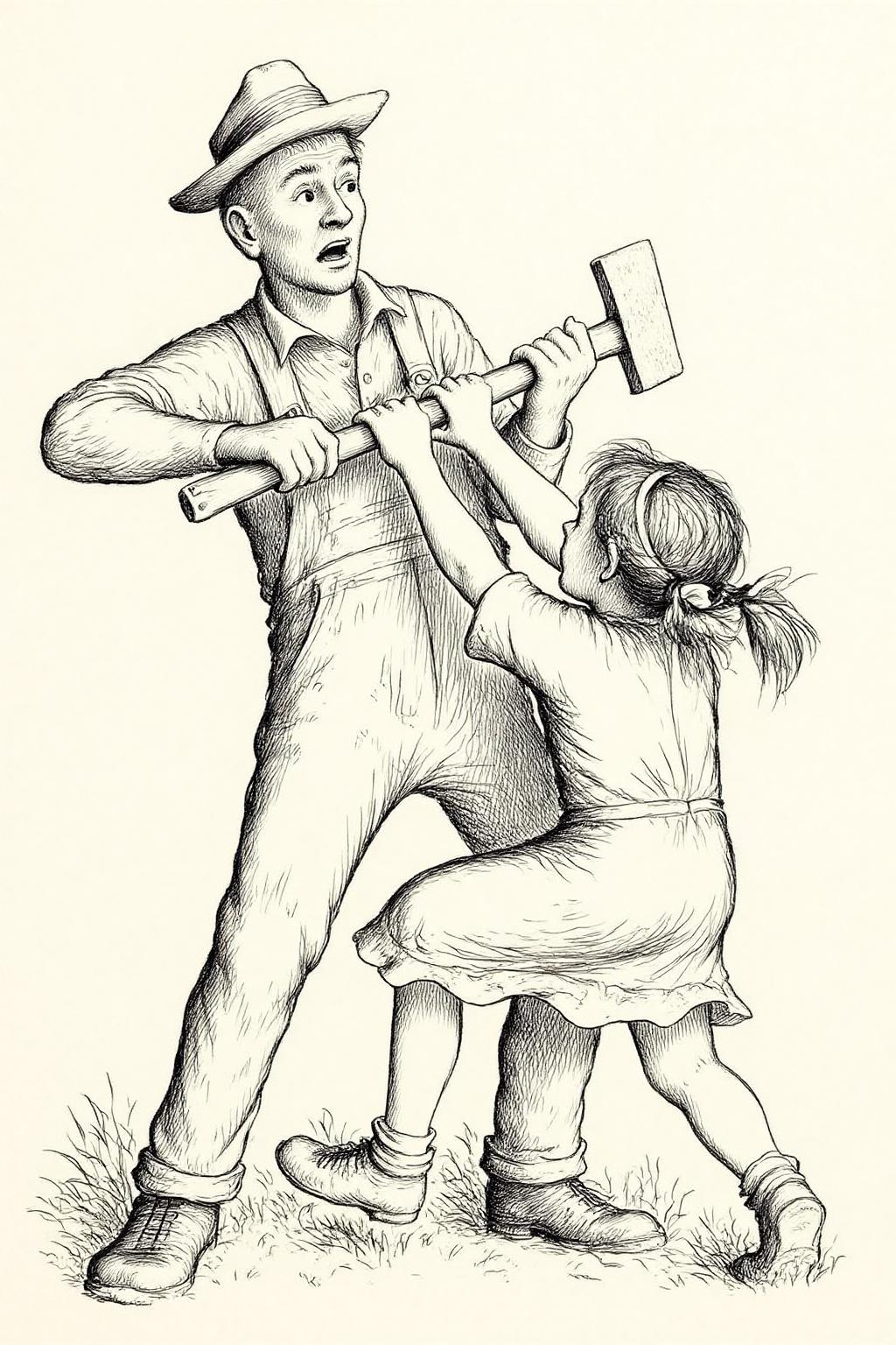 gawi1 illustration.
A dramatic scene of a confrontation between an farmer and a young girl. The farmer, positioned on the left, is dressed in 19th-century style clothing: a wide-brimmed hat, long-sleeved shirt, overalls, and sturdy shoes. His facial expression shows surprise, with his mouth open and eyes wide. He is hold an ax. The young girl, seen in back view, is grabbing the handle of the ax, trying to wrestle it away from the man. She has two pigtails tied with ribbons. <lora:gawi1_cap_d6a3e12:1.0><lora:827363765537427662:0>