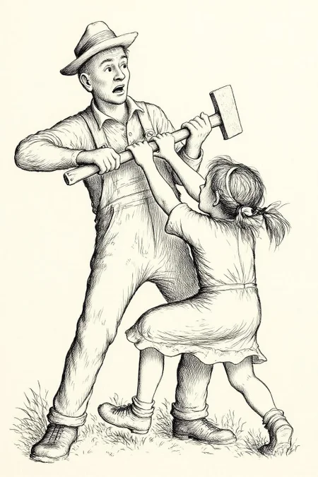 gawi1 illustration.
A dramatic scene of a confrontation between an farmer and a young girl. The farmer, positioned on the left, is dressed in 19th-century style clothing: a wide-brimmed hat, long-sleeved shirt, overalls, and sturdy shoes. His facial expression shows surprise, with his mouth open and eyes wide. He is hold an ax. The young girl, seen in back view, is grabbing the handle of the ax, trying to wrestle it away from the man. She has two pigtails tied with ribbons. <lora:gawi1_cap_d6a3e12:1.0><lora:827363765537427662:0>