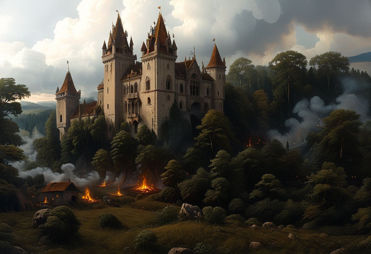 A Gothic castle with spires that reach towards the clouds, surrounded by a dark and mysterious forest,, Spotlighting, besieged by army, fires burning, soldiers storming ramparts, archers shooting arrows, battle raging, ambient occlusion, 8K, RTX 3090, trending on artstation, lumens  <lora:SDXLFaeTastic2400:0.8>  <lora:EnvyFeverDreamXL01a:0.7>   <lora:The_Classic:0.8>