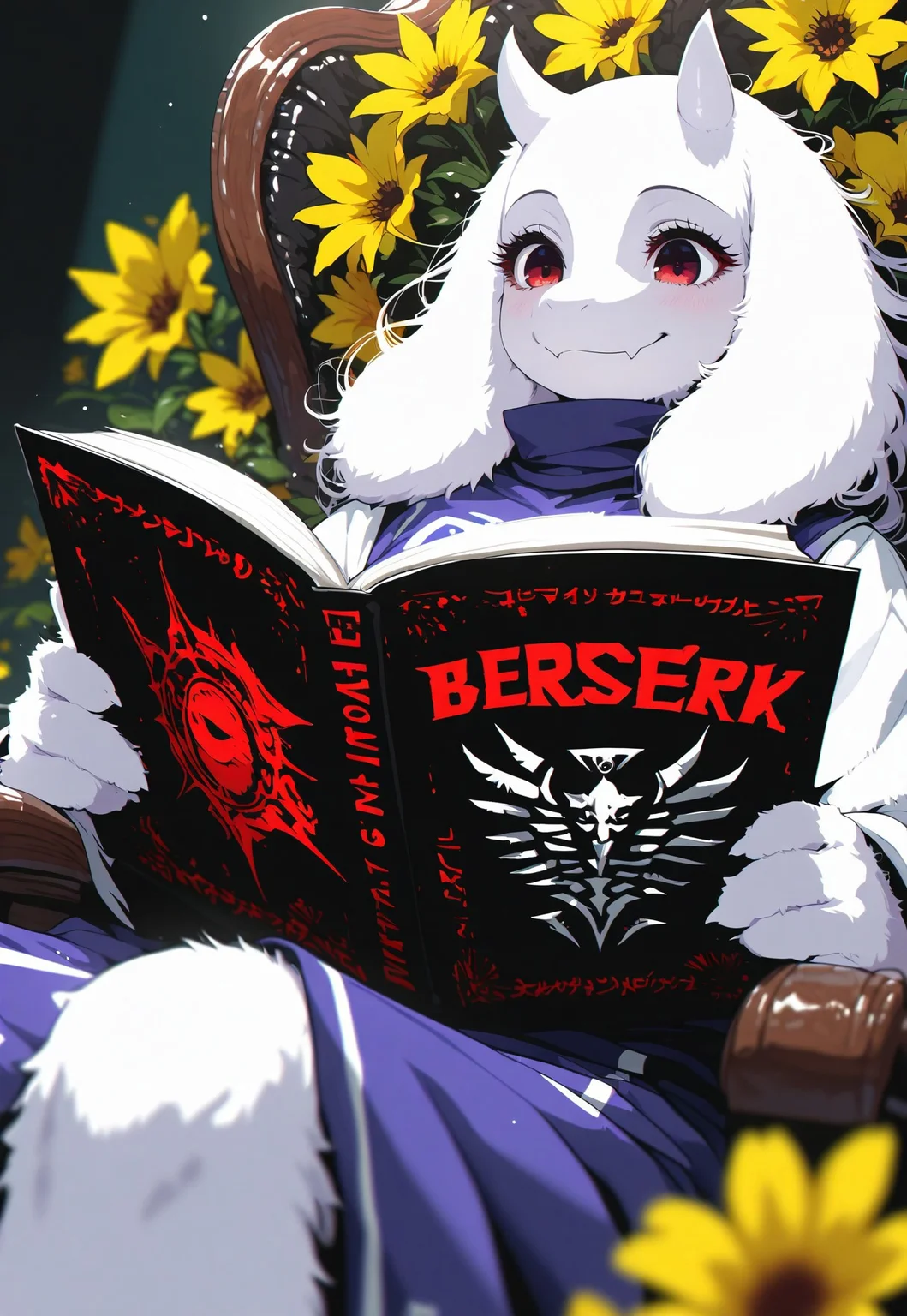 score_9, score_8_up, score_7_up, source_anime, hi res, masterpiece, highres, Lico_PS, very beautiful, toriel, cozy interior, sitting in chair, reading, reclining, yellow flowers, (white fur), ((fluffy face:0.8)), serene, close up, looking at book, reading berserk, book cover of berserk, red lettering, depth of field, (perfect eyes:1), smile, amazing quality, intricate details , sometyome_illu ,xxx667_illu , reij-incs, reij-incs, flowing hair, thin black outline,