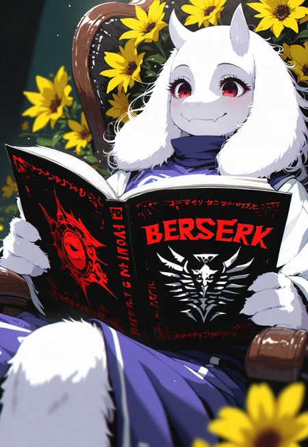 score_9, score_8_up, score_7_up, source_anime, hi res, masterpiece, highres, Lico_PS, very beautiful, toriel, cozy interior, sitting in chair, reading, reclining, yellow flowers, (white fur), ((fluffy face:0.8)), serene, close up, looking at book, reading berserk, book cover of berserk, red lettering, depth of field, (perfect eyes:1), smile, amazing quality,  intricate details , sometyome_illu ,xxx667_illu , reij-incs, reij-incs, flowing hair, thin black outline,