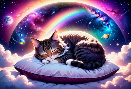 anime style, detailed illustration, a cute sleeping cat, (tabby), extra fluffy, curled up, eyes closed, on floating pillow, cloud, stars, moons, all planets, rainbows, shooting star, comet, galaxies, nebula, [[[[embrace the kitsch]]]], dream, ethereal, misty, calm, soft lighting, Jed-Cosmos, damagedphoto, ((((vignette, black vignette, soft blurred edges))))