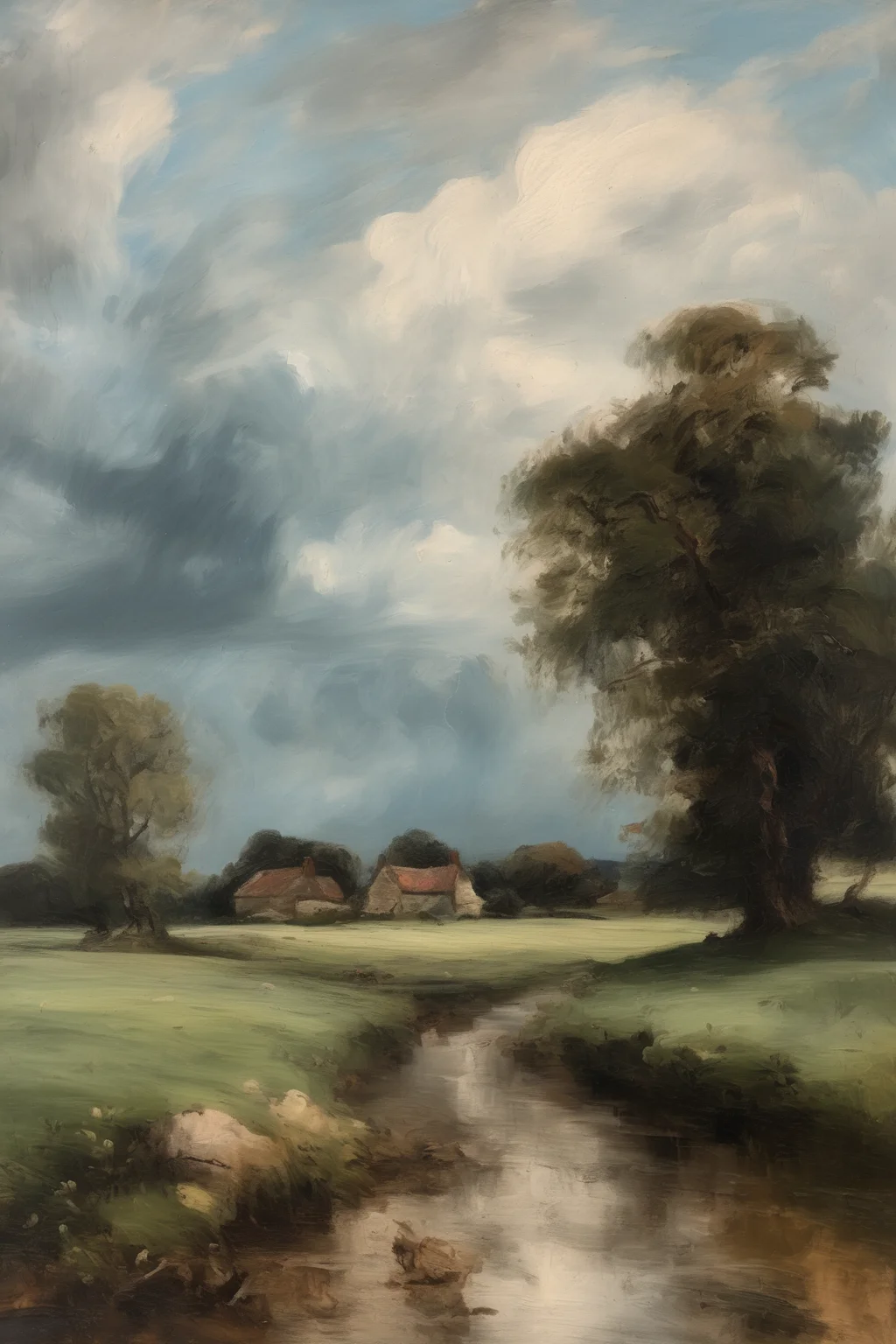 John Constable Style - A 19th century tonalist landscape oil painting of a rural landscape with a farm and stormy cloudy sky. pale blue. impressionism. in a loose, hazy painterly style with a neutral colour palette