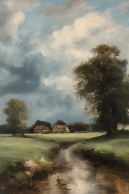 John Constable Style - A 19th century tonalist landscape oil painting of a rural landscape with a farm and stormy cloudy sky. pale blue. impressionism. in a loose, hazy painterly style with a neutral colour palette