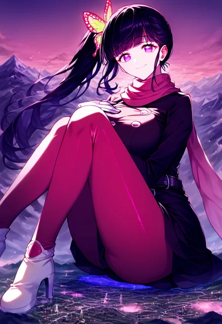 gorgeous lips, cinematic, (masterpiece), (best quality), (ultra-detailed), very aesthetic, perfect composition, intricate details, absurdres, detailed face, (anime, masterpiece, intricate:1.3), (best quality, hires textures, high detail:1.2), score_9, score_8_up, score_7_up, source_anime, 1girl, kanao tsuyuri, black hair, pink highlights, butterfly, butterfly hair ornament, purple eyes, very long hair, side ponytail, ponytail, eyelashes, hair ornament, scarf, dress, black dress, long sleeves, buttons, gloves, white gloves, belt, pantyhose, pink pantyhose, laced high heels, white footwear, skirt, flower patterns, alternate_costume, enormous breasts, facial expression, kind, soft eyes, head tilt, slightly smiling, closed mouth, hand on breasts, goddess, planet size, giantess, growing even bigger, sitting on the ground, ruanyi0639,hugging own legs, gradient eyes, beautiful detailed eyes, city background, mountain landscape, city, mountain, super tall building, super tall skyscrapers, in the city, solo, (masterpiece:1.4), (best quality:1.4), (ultra-detailed:1.2), gl0w, glow,