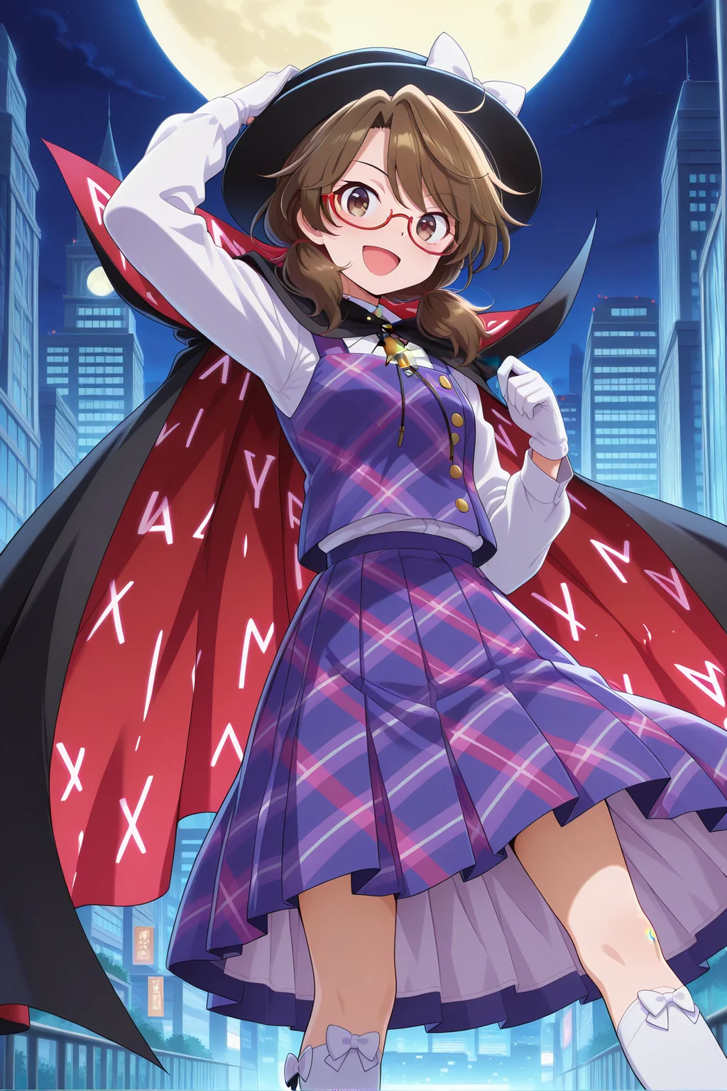 absurdres, highres, masterpiece, best quality, amazing quality, official anime artwork, screencap, anime screencap, outdoors, open mouth, smile, looking at viewer, dynamic pose,
<lora:Usami-Sumireko_Illustrious:1> usami sumireko, 1girl, solo, brown eyes, brown hair, short hair, low twintails, red-framed eyewear, semi-rimless eyewear,, white shirt, long sleeves, purple vest, plaid vest, purple skirt, plaid skirt, bolo tie, bow hat, black cloak, white gloves,
moon, night, city, light particle, adjusting hat,