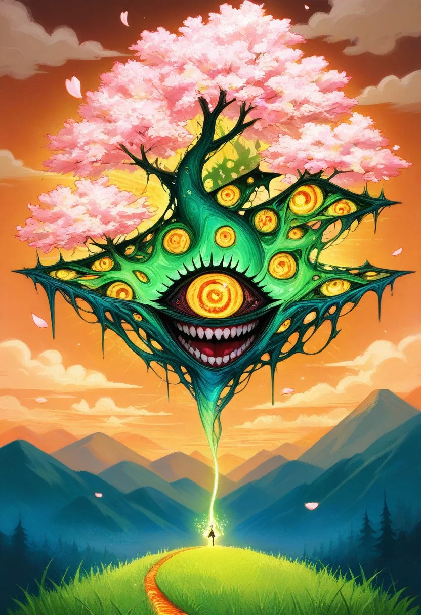 A golden road winds through a misty valley towards towering mountains. The rising sun peeks over the horizon, painting the sky in vivid hues of pink, orange, and gold. Ancient white cherry trees line the path, their blossoms awakening to the dawn's first light, petals glowing with an ethereal radiance. Dew-kissed grass sparkles as sunbeams dance across the landscape. Wispy clouds catch the morning light, transforming into floating islands of color. In the distance, the mountains' peaks emerge from shadow, their crystal spires glinting in the new day's brilliance. As the world stirs to life, luminous flowers unfurl along the roadside, their soft glow harmonizing with the cherry blossoms' increasing luminescence., horror, madness, abomination, crazy smile,