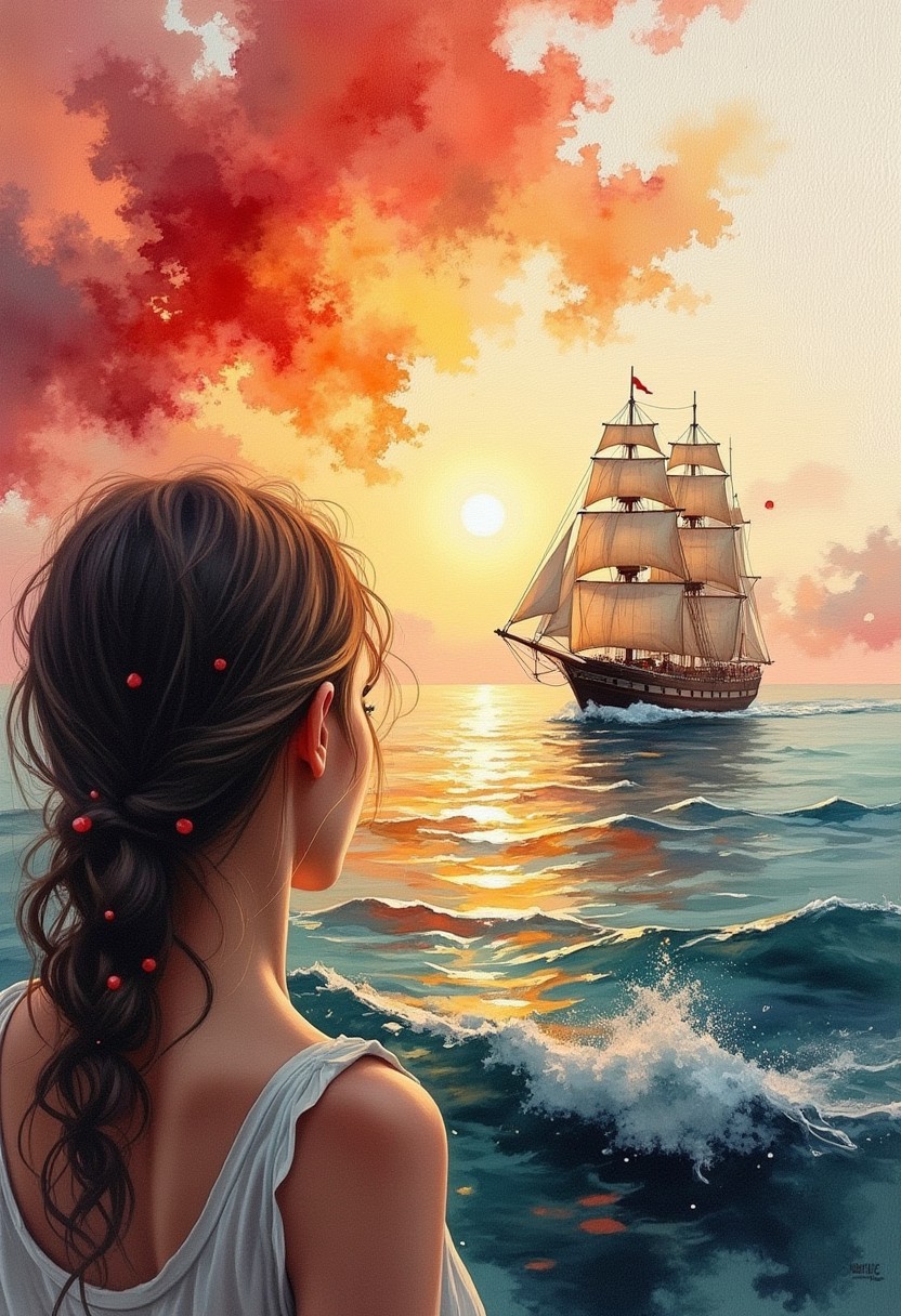 Watercolor style, watercolor, wet on wet, paintstreaks, watercolor painting, \nA A captivating, textured painting that encapsulates the tranquility of a serene sunset over the sea. The focal point is a close-up, back view of a woman gazing interestly into the ship as it sails into vast waters with low waves. The golden light reflects off the water's surface, casting a shimmering glow. In the distance, a sailing ship gracefully glides, its sails billowing in a gentle breeze. The background is a harmonious blend of red, orange, white, and blue hues, evoking the final moments of the sunset. The artist's masterful use of thick brushstrokes creates a lively, three-dimensional effect, drawing the viewer into this cinematic and conceptual masterpiece.