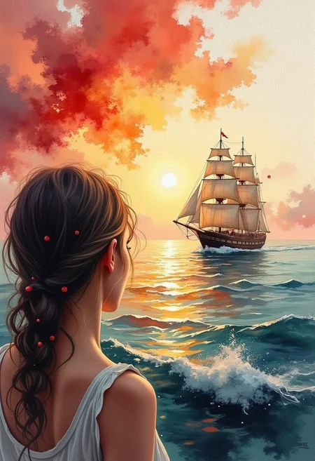 Watercolor style, watercolor, wet on wet, paintstreaks, watercolor painting, \nA A captivating, textured painting that encapsulates the tranquility of a serene sunset over the sea. The focal point is a close-up, back view of a woman gazing interestly into the ship as it sails into vast waters with low waves. The golden light reflects off the water's surface, casting a shimmering glow. In the distance, a sailing ship gracefully glides, its sails billowing in a gentle breeze. The background is a harmonious blend of red, orange, white, and blue hues, evoking the final moments of the sunset. The artist's masterful use of thick brushstrokes creates a lively, three-dimensional effect, drawing the viewer into this cinematic and conceptual masterpiece.