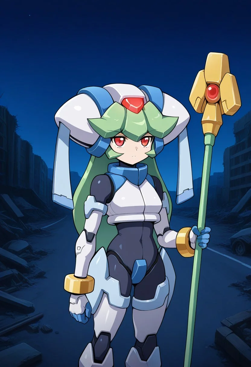 1girl, solo, pandorazxa, transformedform, android, green hair, long hair, red eyes, helmet, crop top, bodysuit, armor, armored gloves, armored boots, bracelet, anklet, holding staff, outdoors, highway, wreckage, ruins, night, serious, standing, cowboy shot,