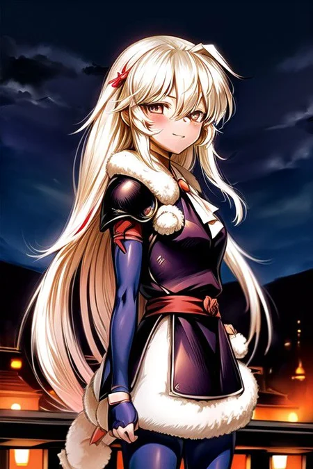 best quality 1girl Setsun4 solo long hair, (night time) forest background black hair very long hair purple eyes multicolored hair armor, small, (fur trim) (medium body),<lora:EMS-179-EMS:0.800000>,<lora:EMS-293862-EMS:0.800000> bow, hair_bow, hair_tubes, red_bow, brown_hair, long_hair, bangs, ascot, frilled_bow, yellow_ascot, blush, smile, hair_between_eyes, athletic, armor, miko, strengthmda, Smiling, happy