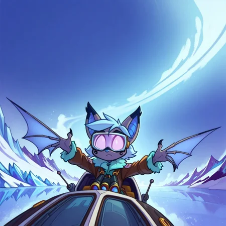 Dreamkeepers,1girl,Prelude_Vanth,solo,furry,source_furry,blue hair,wings,furry,bat wings,
child, kid,
in a fur-lined coat pilots a steam-powered airship over glaciers. Ice crystals cling to her goggles, and a map of the tundra flutters in her hand. A robotic husky barks at polar bears below, airship, arctic, steampunk, goggles, fur_coat, glacier, map, robotic_dog, polar_bear, ice_crystals, steam_engine, pilot, cockpit, cold_breath, determined_expression, propeller, binoculars, snowy_mountains, dynamic_angle