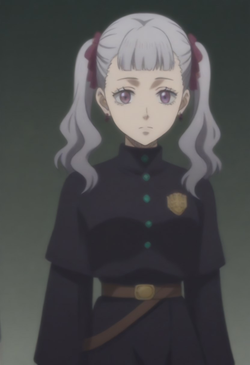 source_anime, anime screencap, source_anime, auratheguillotine, anime screencap, masterpiece, source_anime, shiny skin,,,,,,<lora:noellesilva-pdxl-nvwls-v1-000005:1> noelle silva, grey hair, purple eyes, twintails, hair ribbon, black capelet, green strap, white and purple dress, long sleeves, belt,