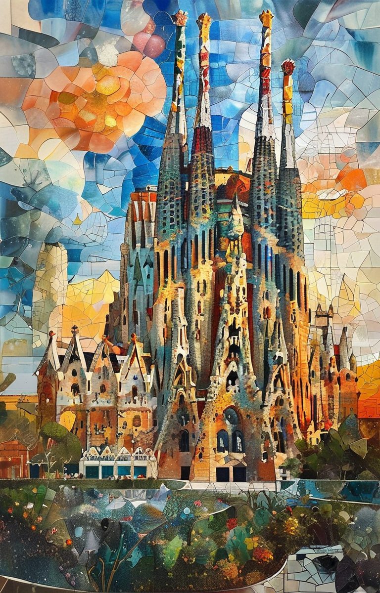 masterpiece,best quality,<lora:tbh305-sdxl:0.9>,illustration,designed by Antoni Gaudi Futuristic skyscraper with organic shapes, inspired by Zaha Hadid, gleaming under a sunset sky