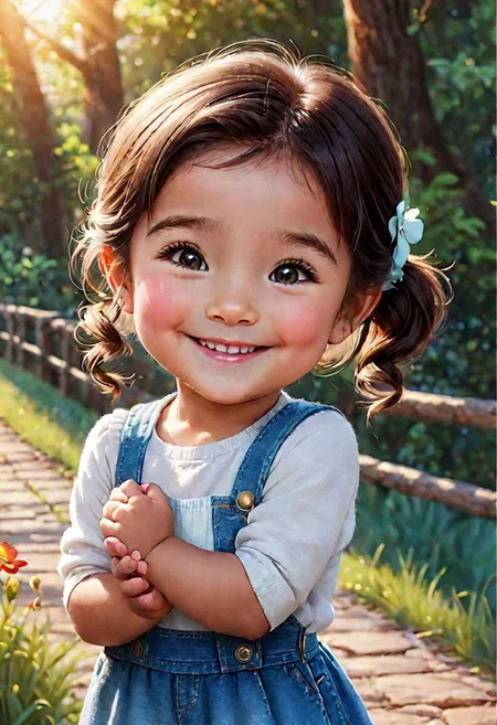 mj, close-up, Create a heartwarming scene with a cute little character. Picture their adorable smile as they lift a hand to say hi to the viewer. Request a super cute image against a beautiful background, capturing the innocence and joy of this delightful character's greeting,detailmaster2