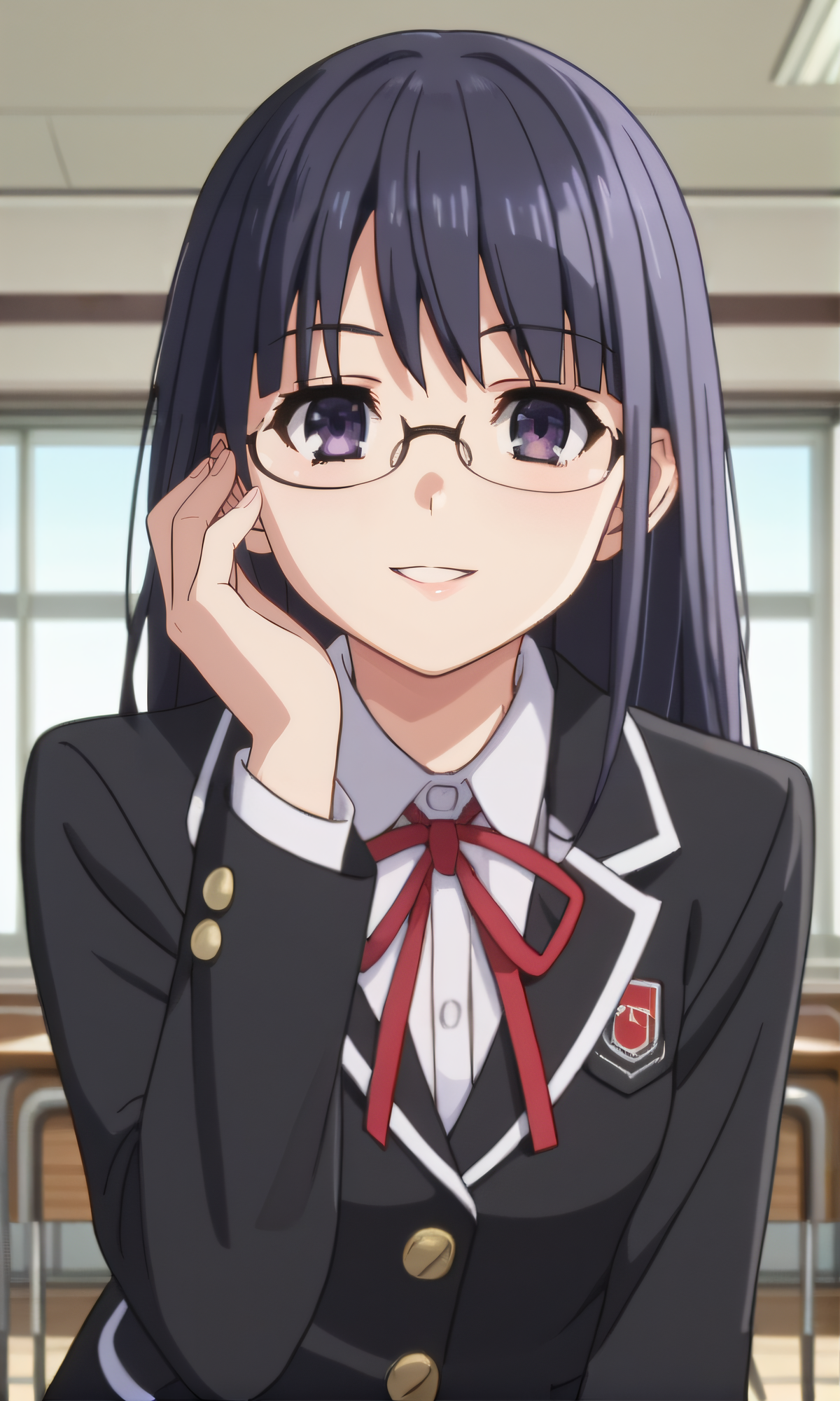 score_9, score_8_up, score_7_up, source_anime, rating_safe, intricate details, anime screencap, official style, anime coloring, 1girl, solo, <lora:Fujibakama_Mii:1>, fujibakamamii, dark hair, dark eyes, glasses, school uniform, white shirt, black blazer, pleated skirt, blue skirt, looking at viewer, smile, indoor, cowboy shot, hand on hair, bent over, parted lips, five fingers