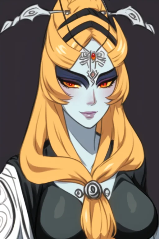 masterpiece, best quality, portrait of midna, dusk, full body, pelvic curtain, legs, slim, 1girl, breasts, colored sclera, blue skin, forehead jewel, front ponytail, grey skin, large breasts, lips, long hair, looking at viewer, midna, orange hair, solo, yellow sclera
