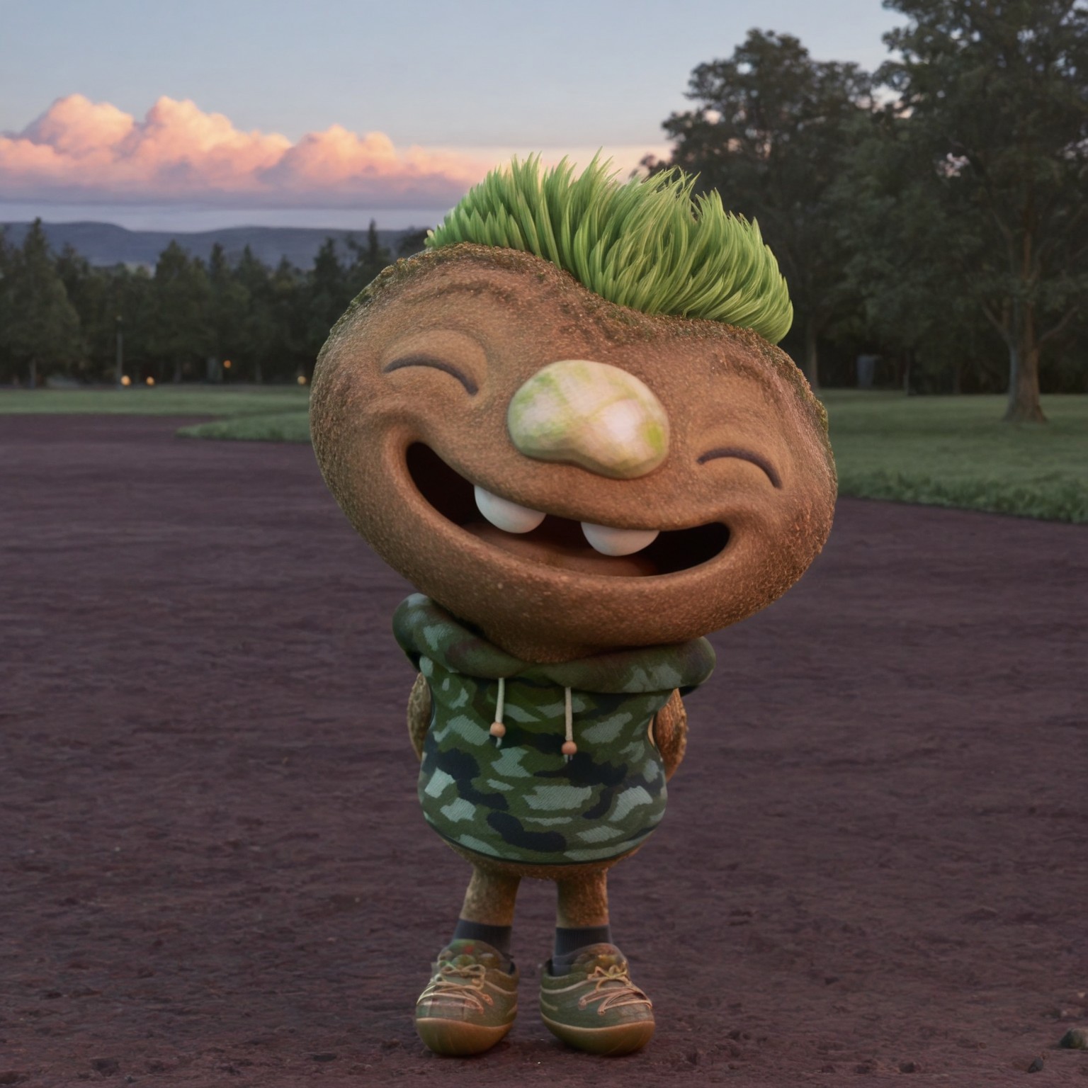 uncensored, masterpiece, best quality, highly detailed, realistic, 1boy, solo, ClodEM, male humanoid, elemental creature, earth elemental, green hair, grass hair, short hair, eyes closed, stone nose, brown body, short male, camo hoodie vest, white drawstrings, black socks, brown sneakers, smile, open mouth, white teeth, looking at viewer, standing, grass, park, sunny, front view, detailed background, (hands behind back)