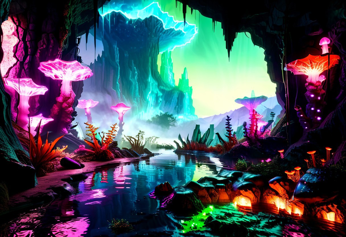 Embedding:ziprealism, in the style of neil-krug, photo,realistic,raw,8k UHD,
style of DnD_Grainyboyz, grainy, Hyper-realistic alien landscape, hyper-detailed, absurdres, richest details, eerie vibes, featuring vibrant, surreal colors and bizarre, otherworldly flora and creatures. Starry sky, cold blue sky, glen with towering mountains of glowing crystals with bioluminescent veins, winding rivers of iridescent liquid, and intricate bas-reliefs carved into ancient rock formations. a photo of the scene is alive with thick dense forest of gigant glowing mushrooms, exotic plants and creatures, their textures and details rendered in ultra-high definition. In the distance lays small hyper-detailed building blends seamlessly into the environment, its design organic and mysterious. The atmosphere is thick with an ethereal glow, casting dramatic shadows and highlights across the terrain. Inspired by the vibrant, surreal tones of alien ecosystems and the intricate detail of hyper-realistic art, the piece combines sci-fi elements with natural beauty. High-contrast lighting, vibrant neon accents, and a rich color palette enhance the visual impact. Theme: an untouched, alien world teeming with life and mystery.